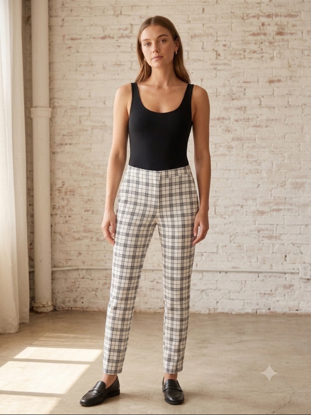 Zara White Black Plaid Print Trouser Pants Size XS